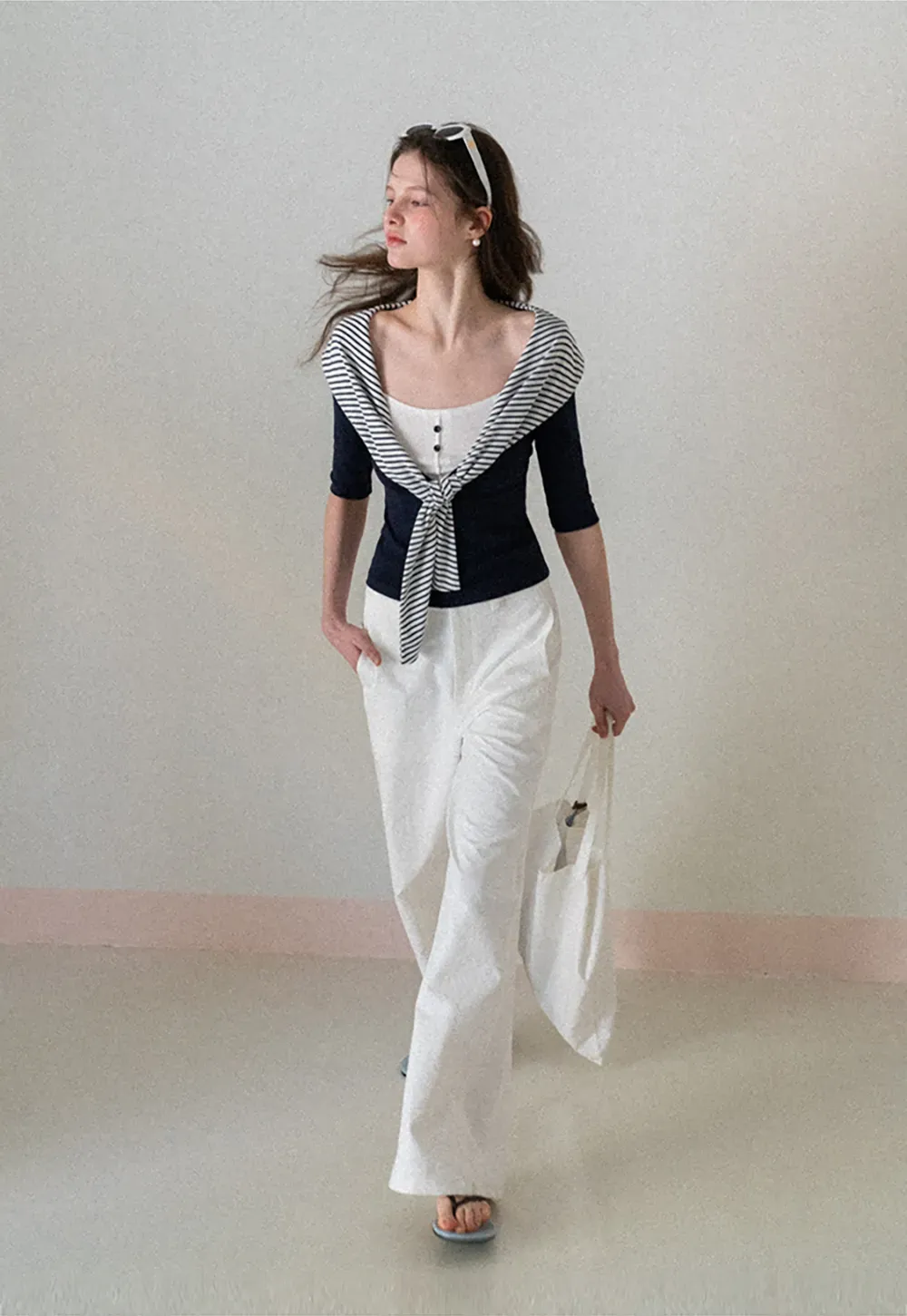 Striped collar tie front short sleeve top