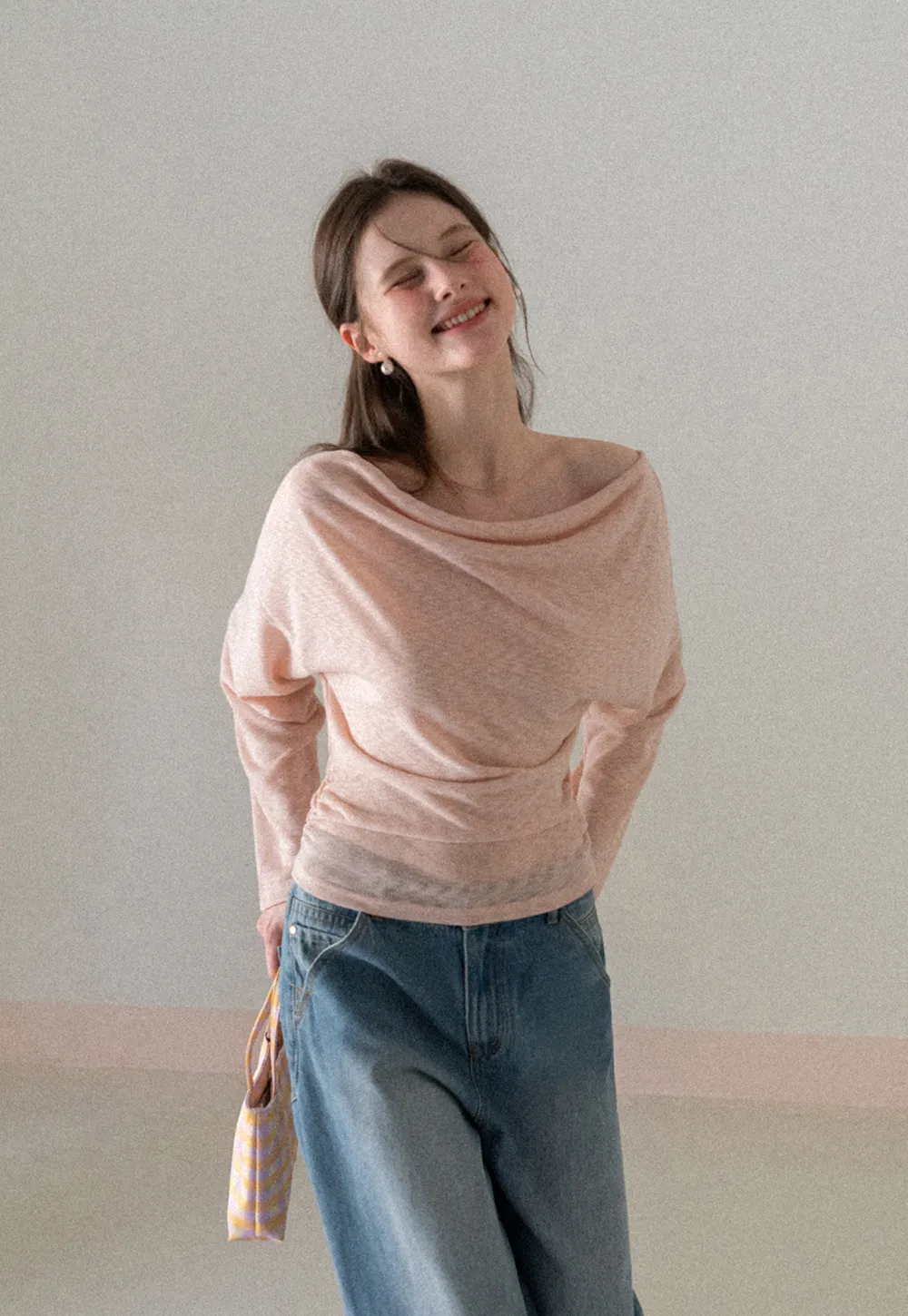 Long sleeve off shoulder draped knit top