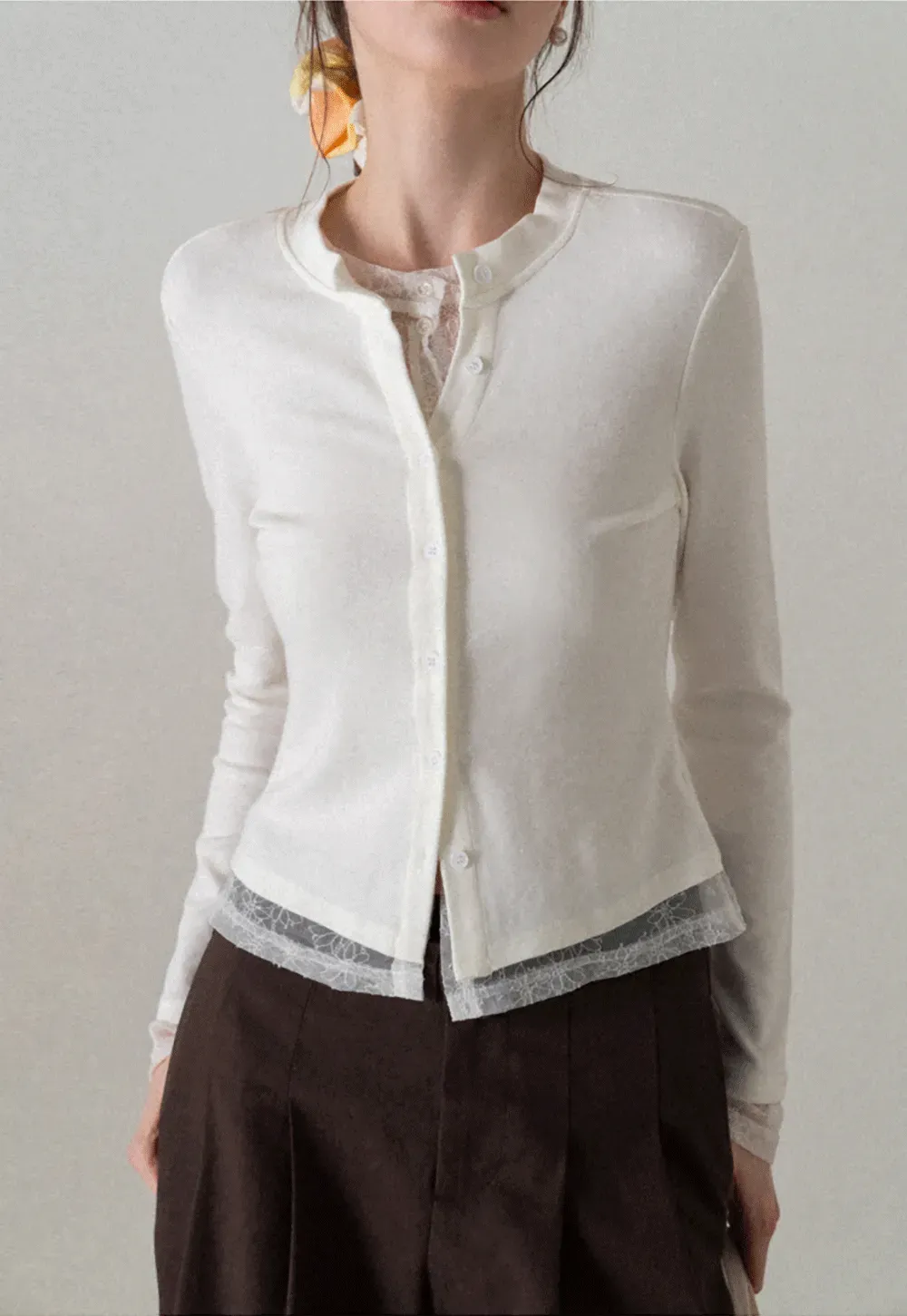 Long sleeve button front knit top with collar