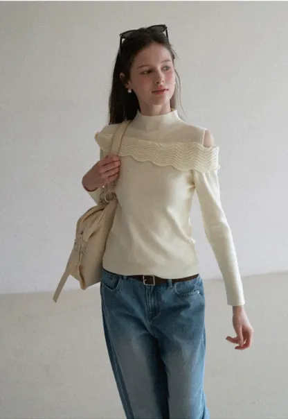 Elegant Off Shoulder Knit Sweater with Wave Detail