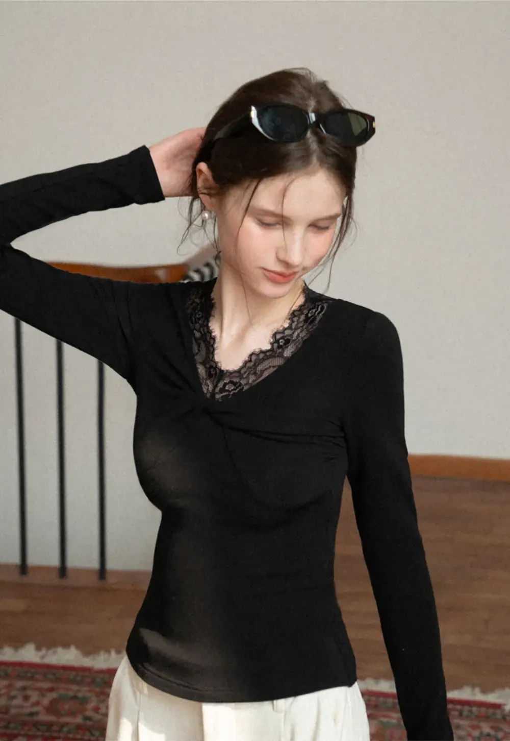 Elegant Black Lace-Trimmed Long Sleeve Top