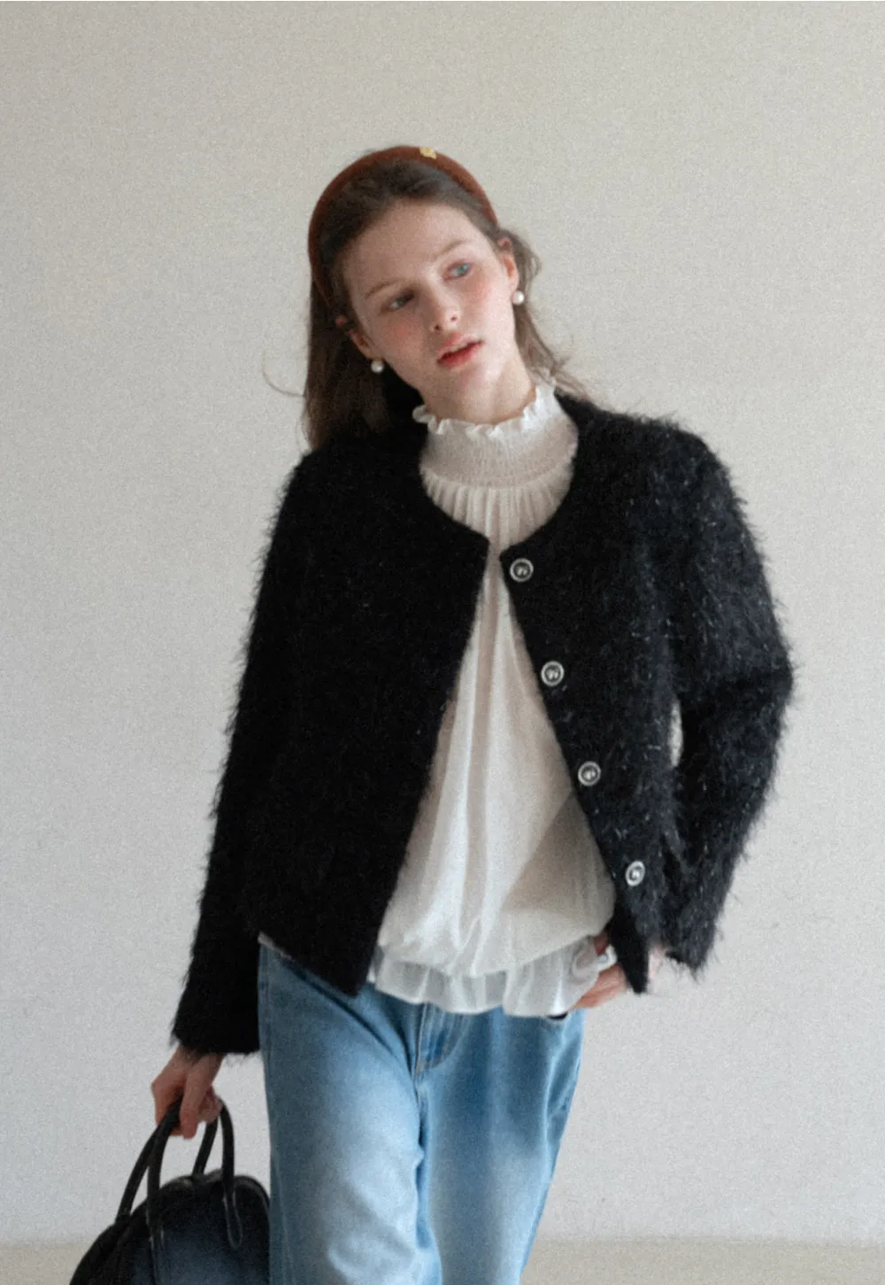 Fuzzy Knit Short Jacket with Button Detail