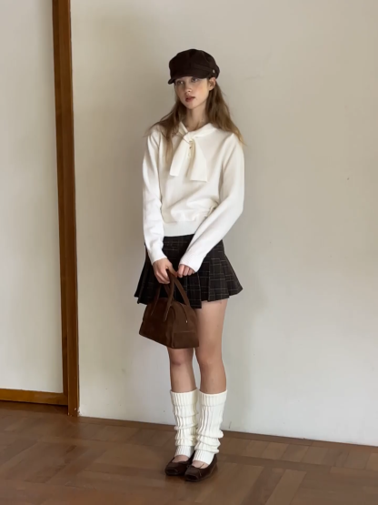 Womens Plaid Pleated Mini Skirt with Button Detail