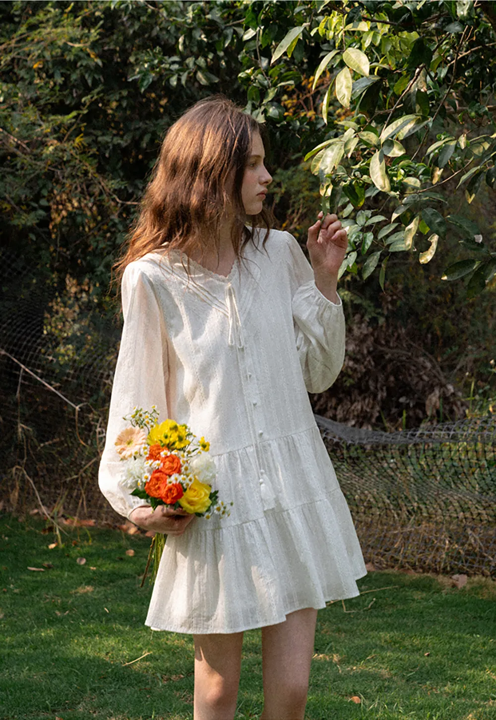 V neck long sleeve tiered dress with lace trim