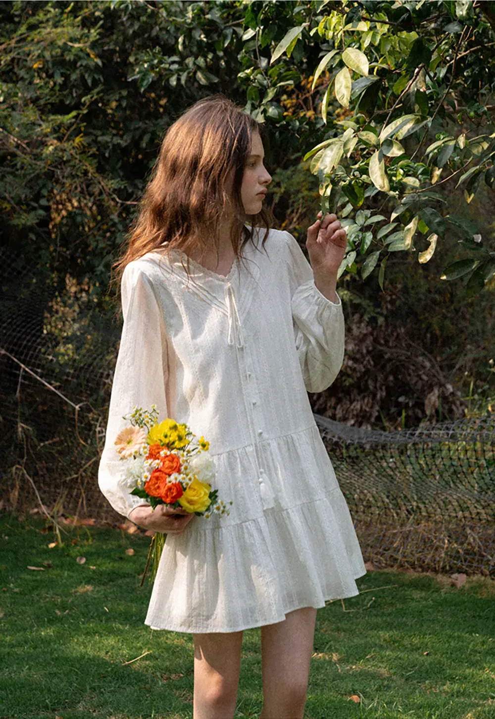 V neck long sleeve tiered dress with lace trim