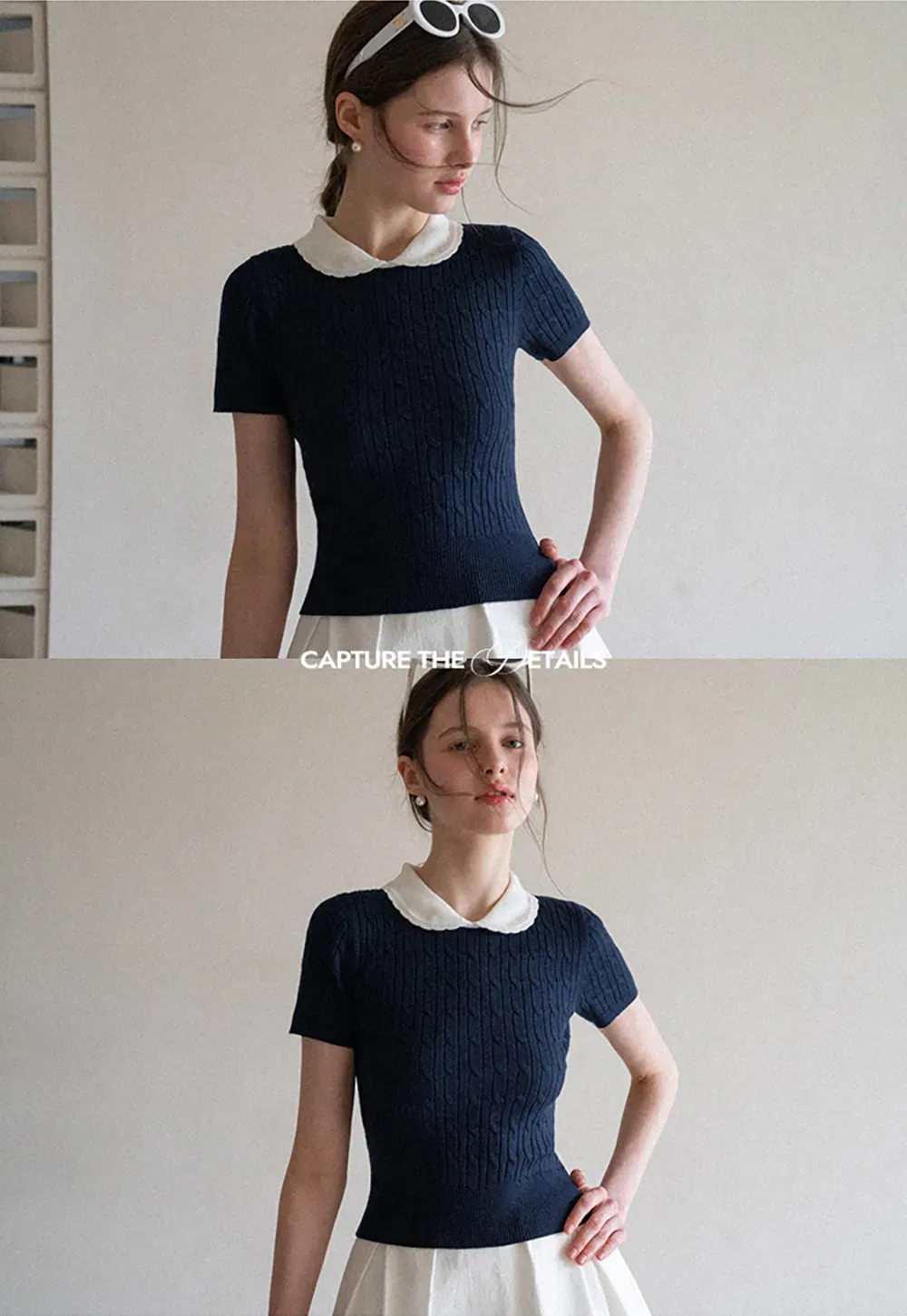 Cable Knit Short Sleeve Sweater with Collar