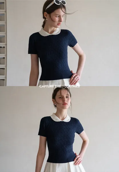 Cable Knit Short Sleeve Sweater with Collar