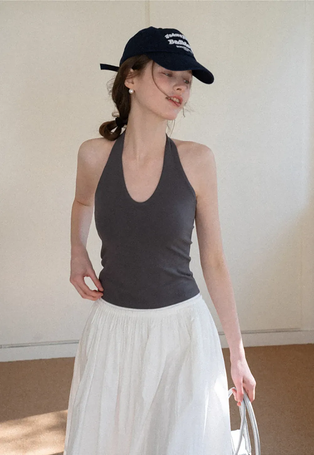 V neck halter tank top with fitted silhouette