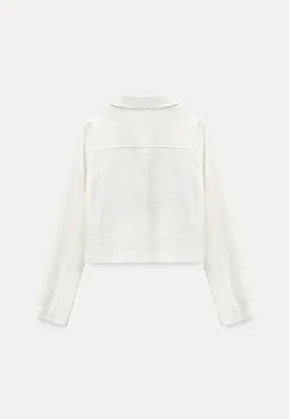 Short jacket with ruffled front placket and collar