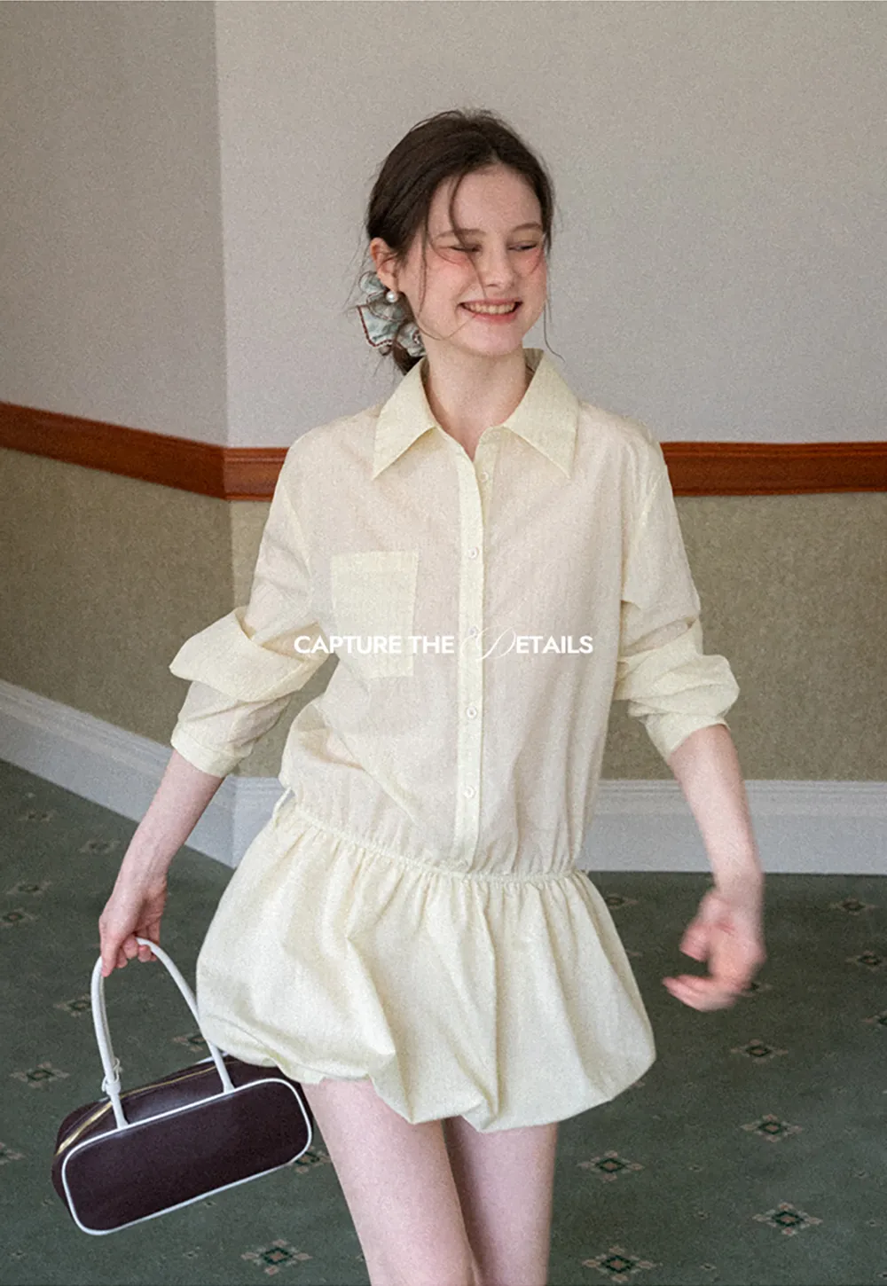 Button Front Shirt Dress with Pleated Pocket and Elastic Waist