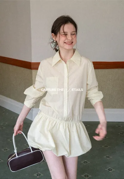 Button Front Shirt Dress with Pleated Pocket and Elastic Waist