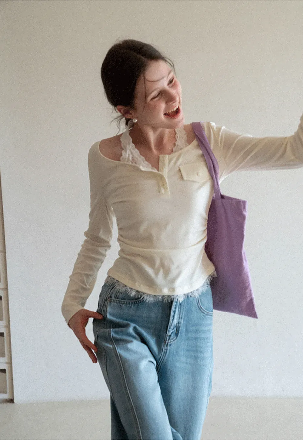 Long sleeve Henley top with lace trim