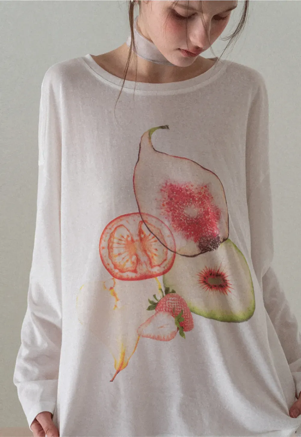 Oversized T shirt with fruit print and sheer neck detail