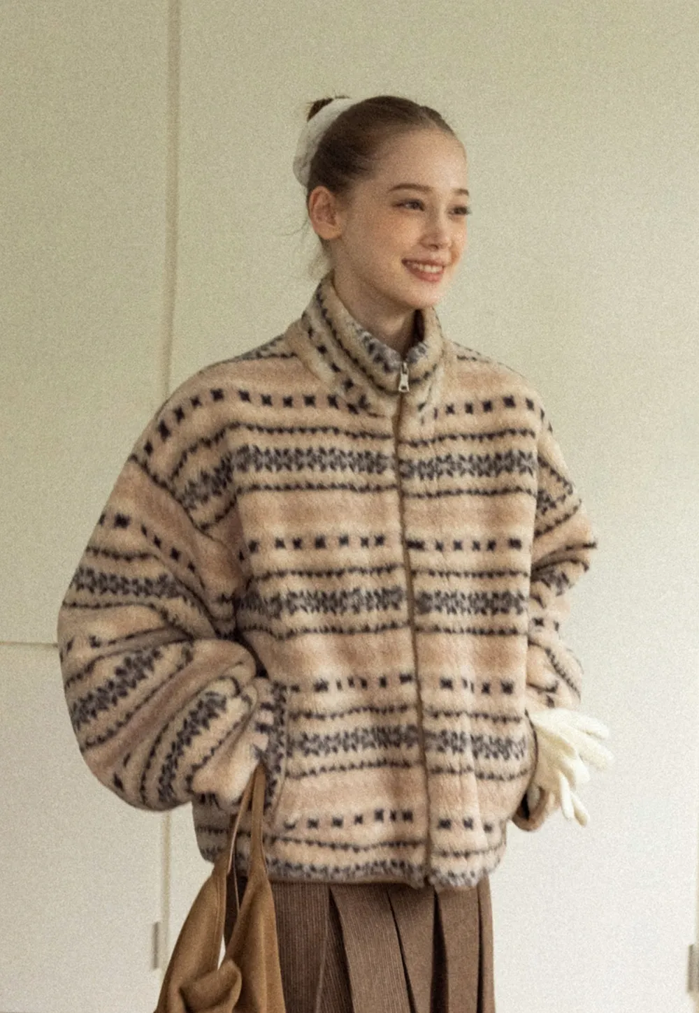 Women Vintage Fleece Jacket Striped Warm Outerwear