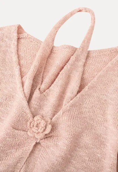 V Neck Knit Sweater with Floral Button Detail