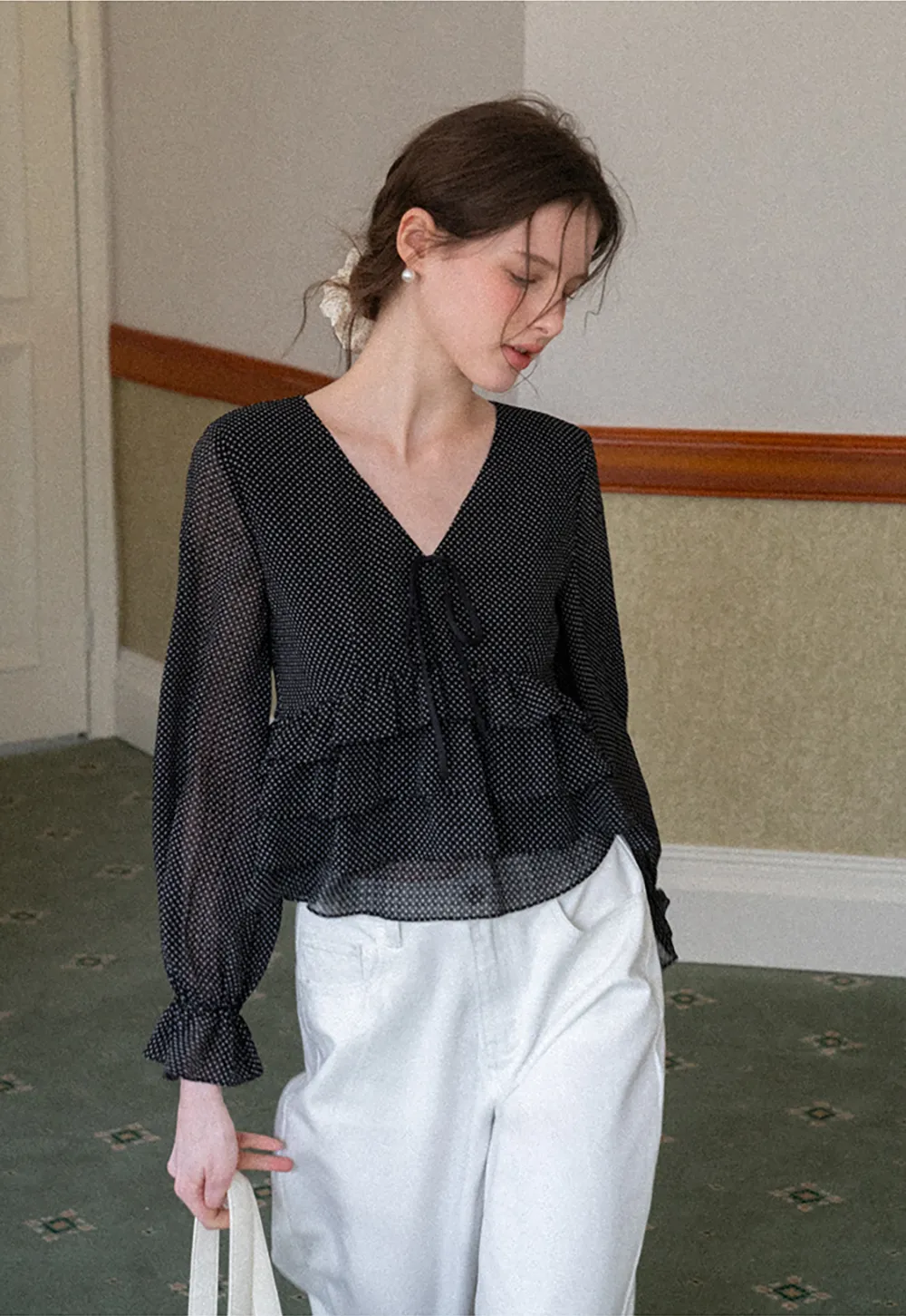 Polka Dot Sheer Blouse with Ruffled Hem and Tie Neck