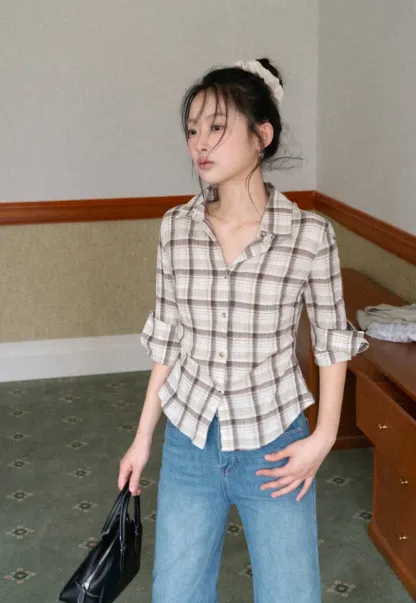 Plaid Shirt with Rolled Sleeves and Button Front