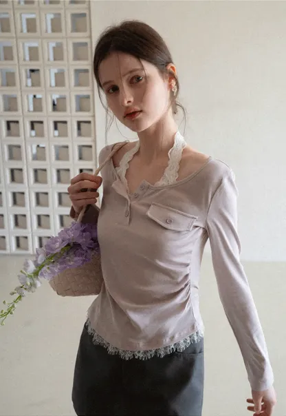 Long sleeve Henley top with lace trim