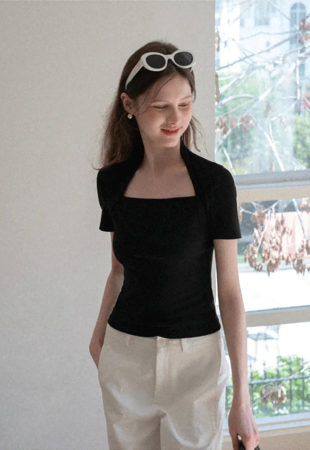 Square neck short sleeve fitted top