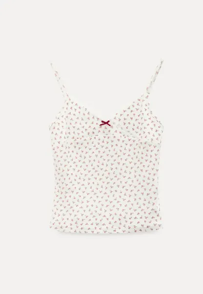 Floral Print Lace Trim V Neck Short Top