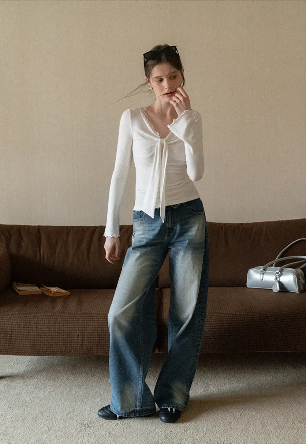 Elegant V Neck Long Sleeve Top with Bow Detail