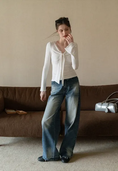 Elegant V Neck Long Sleeve Top with Bow Detail