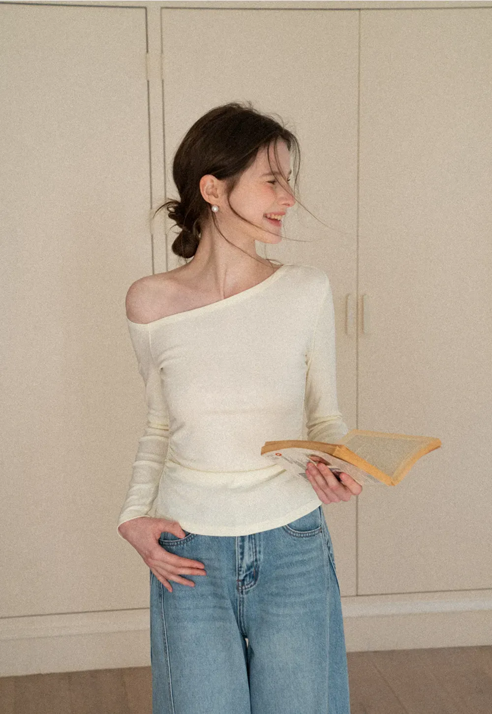 Asymmetrical long sleeve off shoulder top