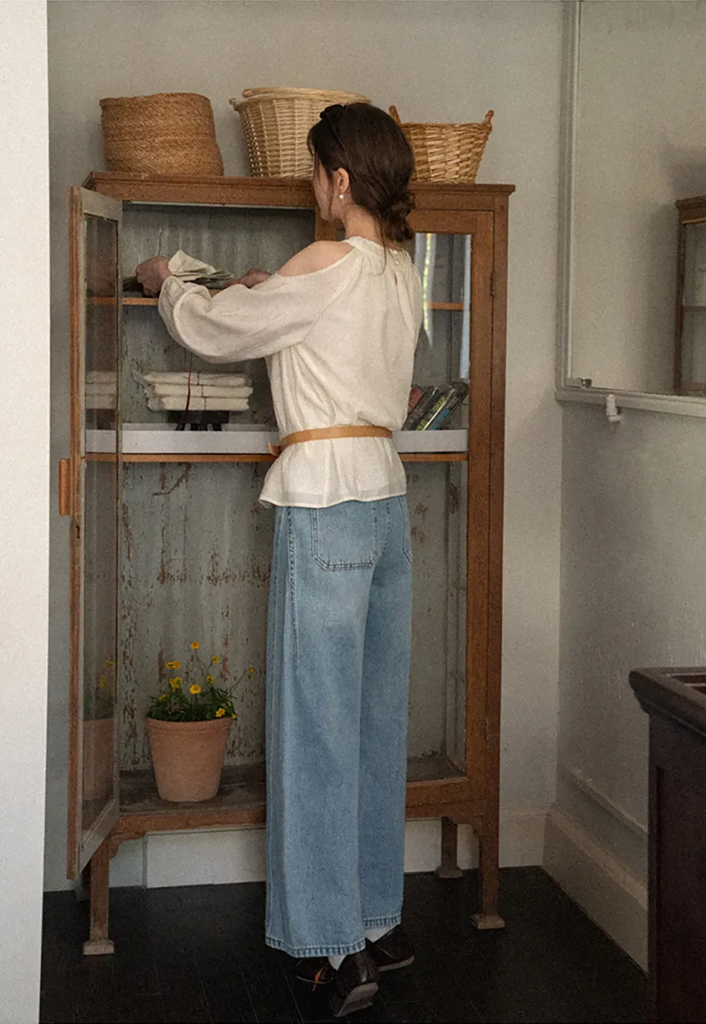 Lace Chiffon Blouse with Ruffled Neck and Cold Shoulder