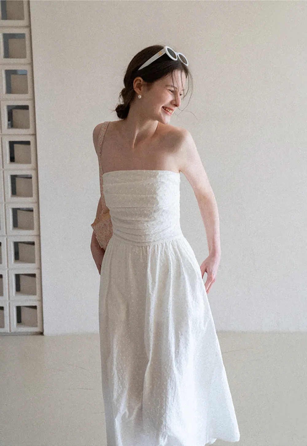 Strapless A-line Midi Dress with Ruched Bodice