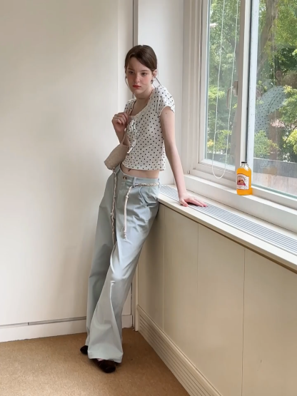 Polka Dot Square Neck Drawstring Cropped T Shirt