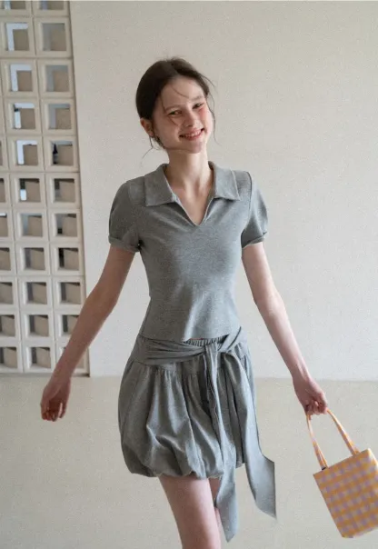 Polo collar short sleeve top with pleated skirt