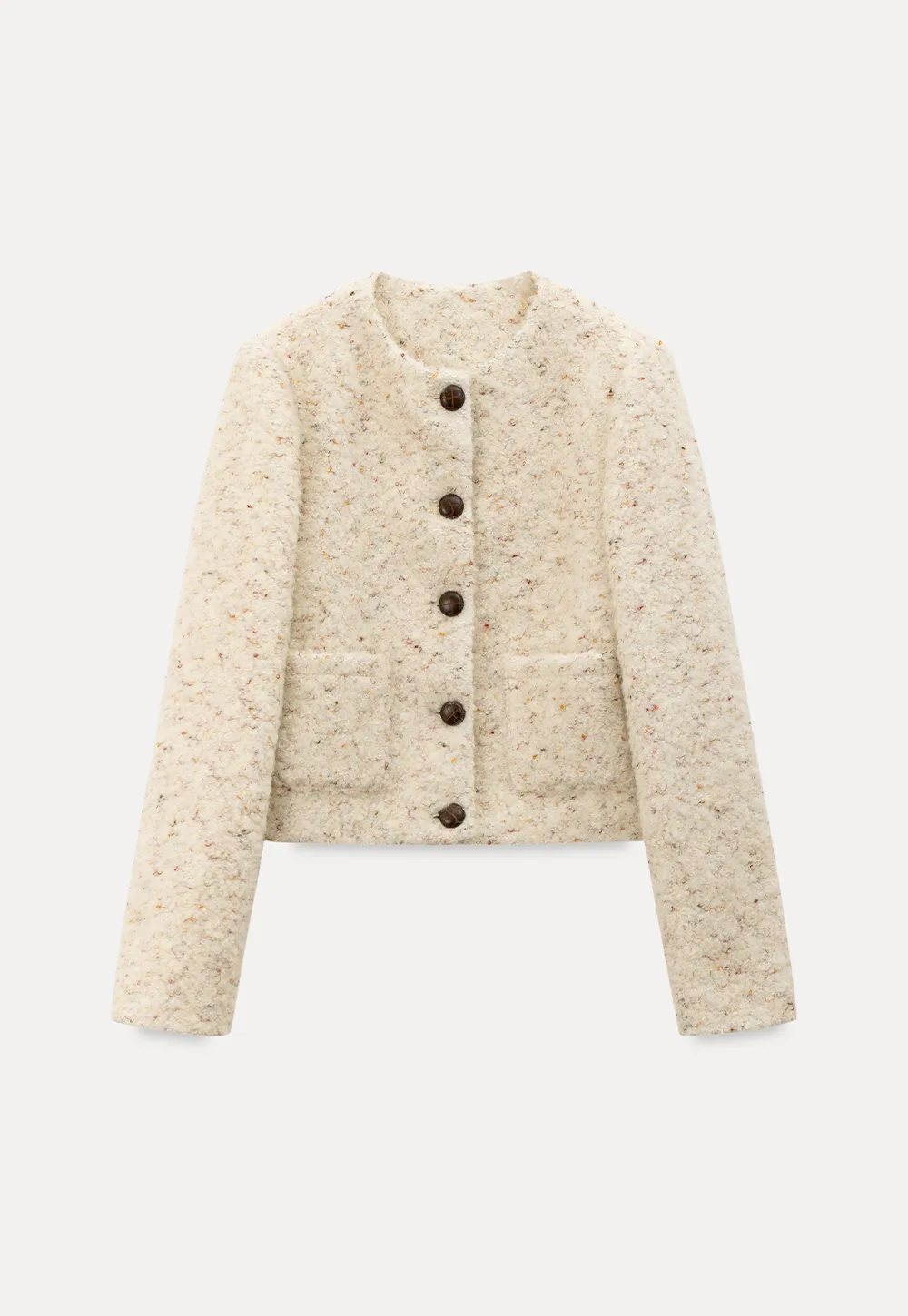 Textured Short Jacket with Long Sleeves and Round Neck