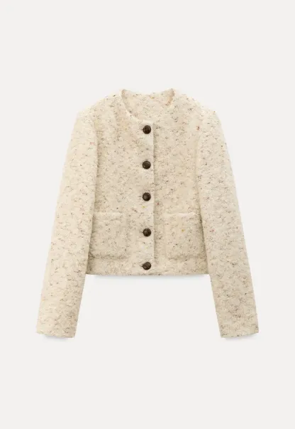 Textured Short Jacket with Long Sleeves and Round Neck
