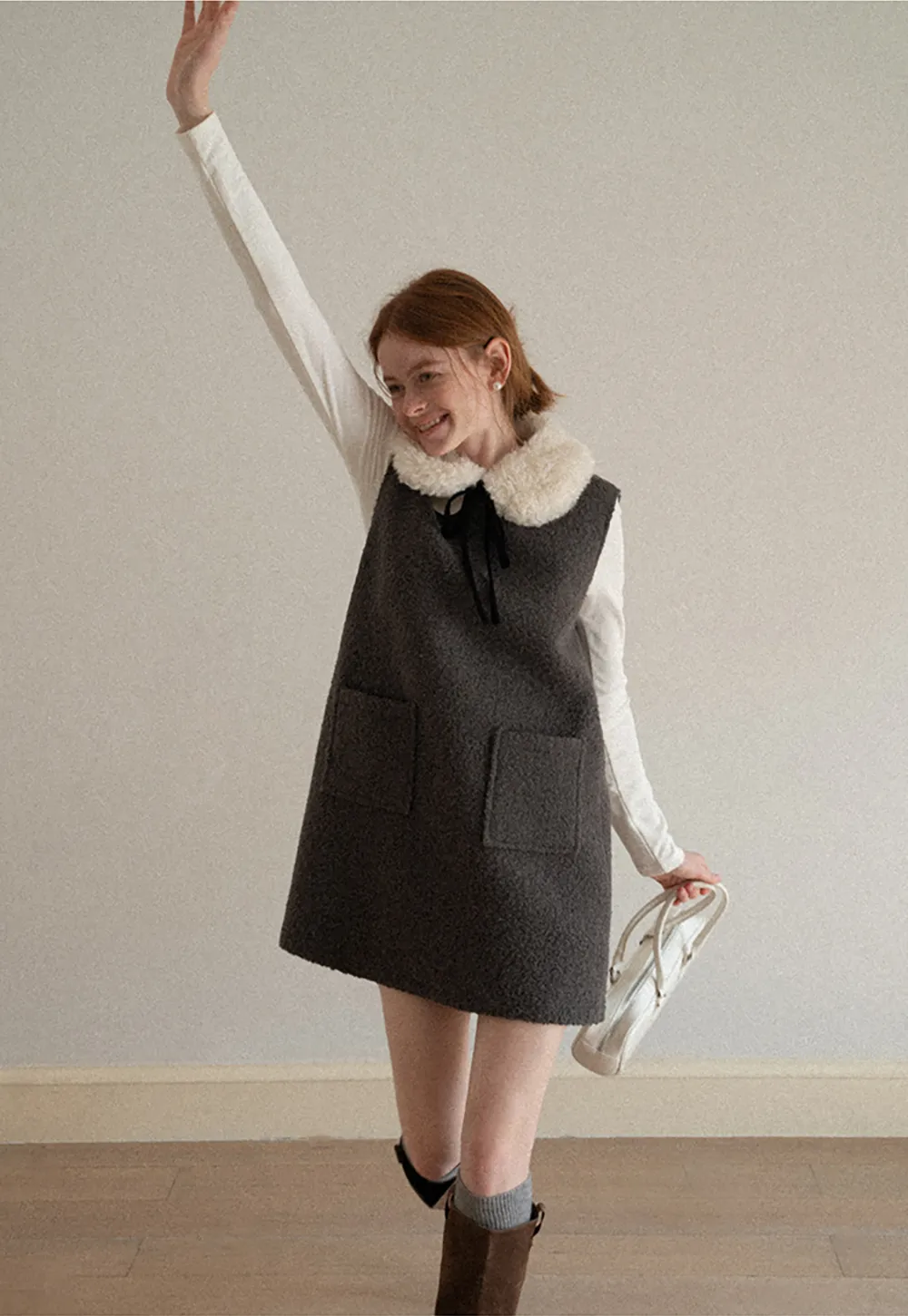 Wool Blend Sleeveless Dress with Faux Fur Collar