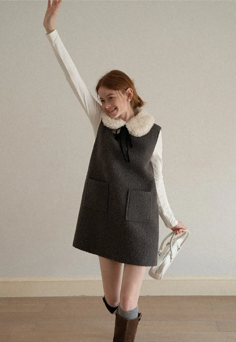 Wool Blend Sleeveless Dress with Faux Fur Collar