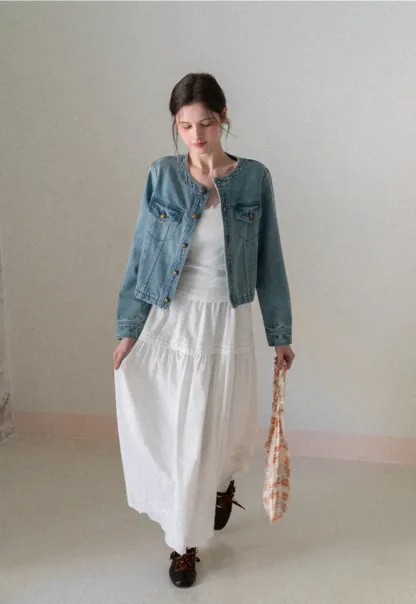 Denim short jacket with button front and chest pockets