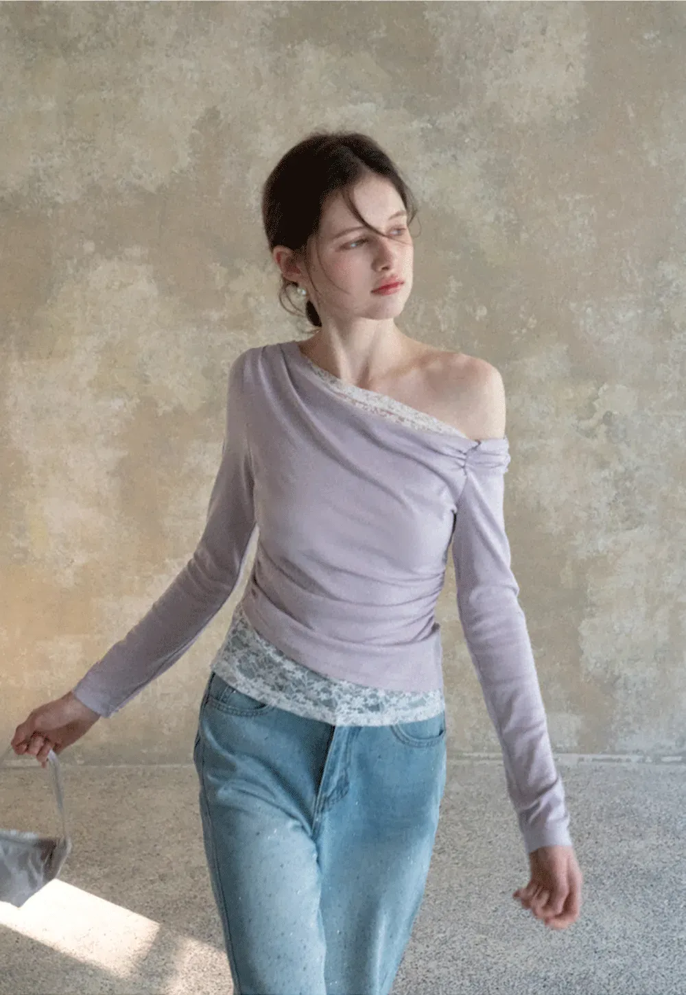 Off shoulder long sleeve top with lace trim