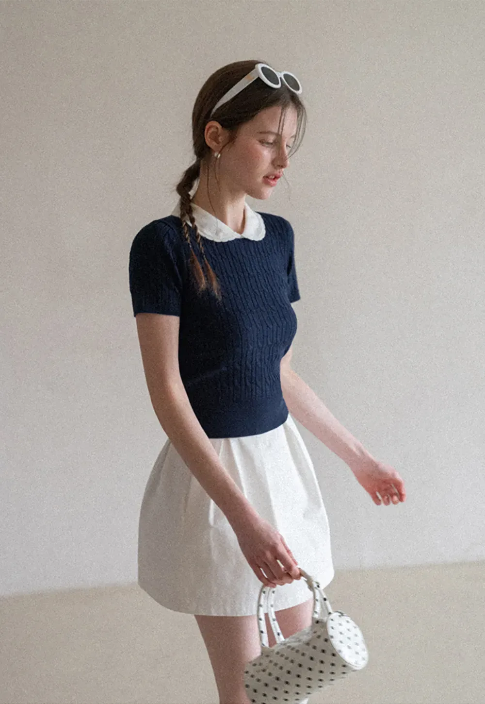 Cable Knit Short Sleeve Sweater with Collar