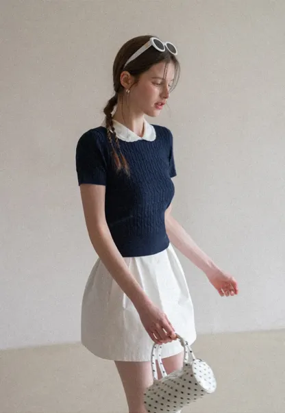 Cable Knit Short Sleeve Sweater with Collar