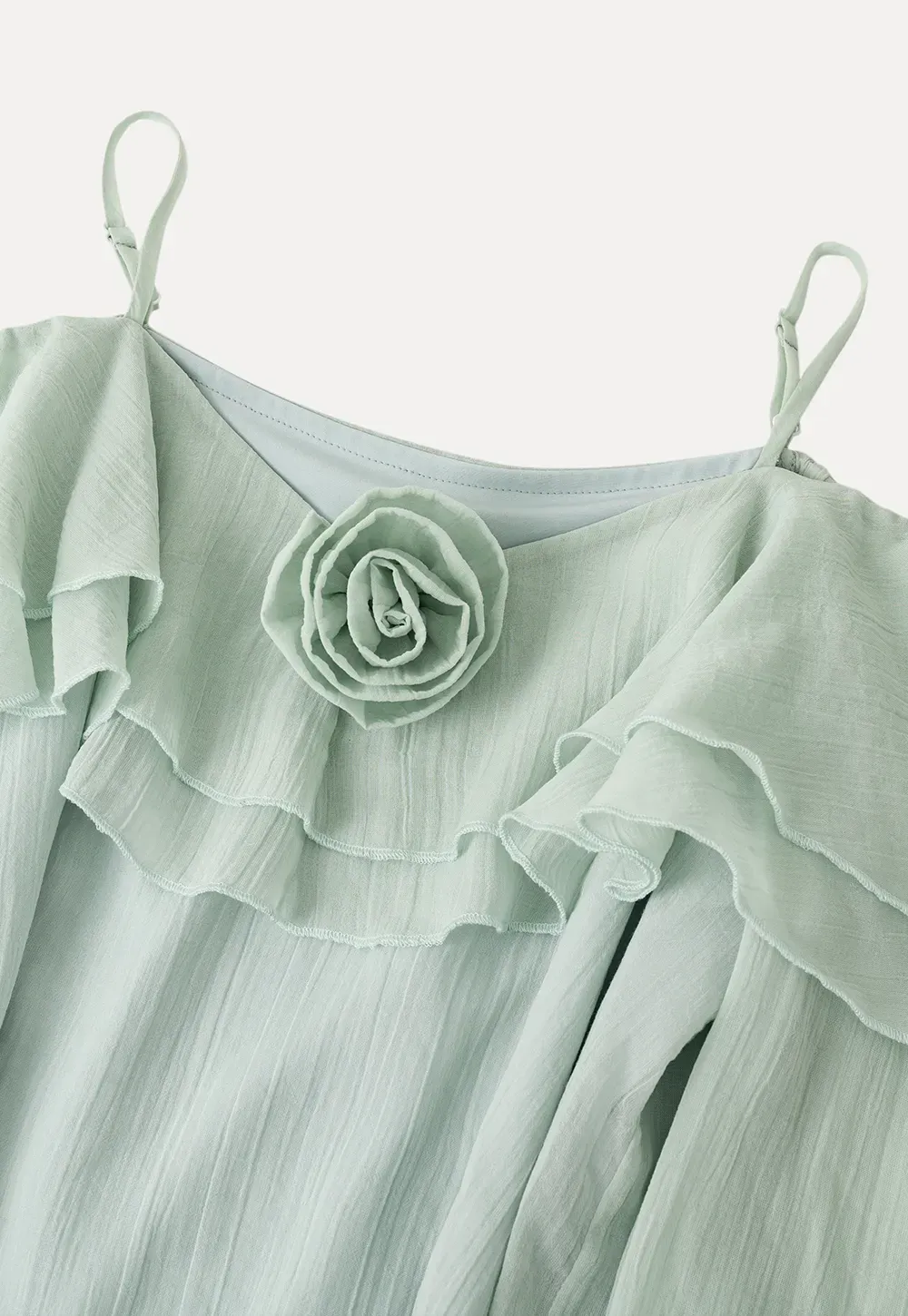 Off Shoulder Blouse with Ruffled Layers and Floral Embellishment