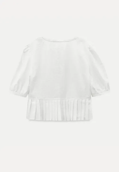 V neck short sleeve blouse with pleated hem and tie front