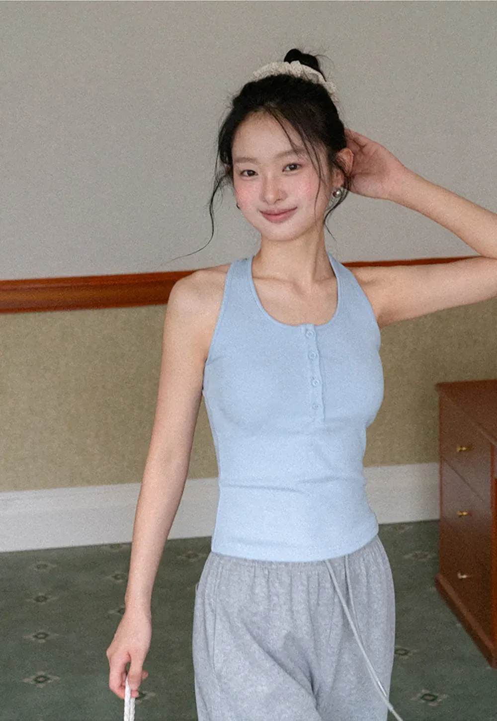 Sleeveless Halter Neck Top with Front Placket