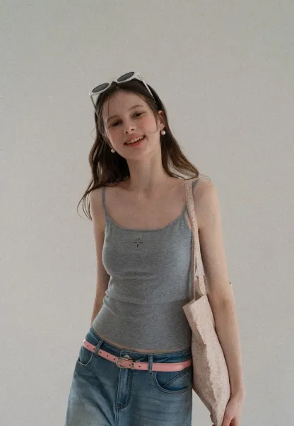 Gray tank top with small embroidered cross detail