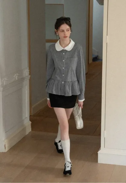 Peplum Gingham Collar Shirt with Flared Hem