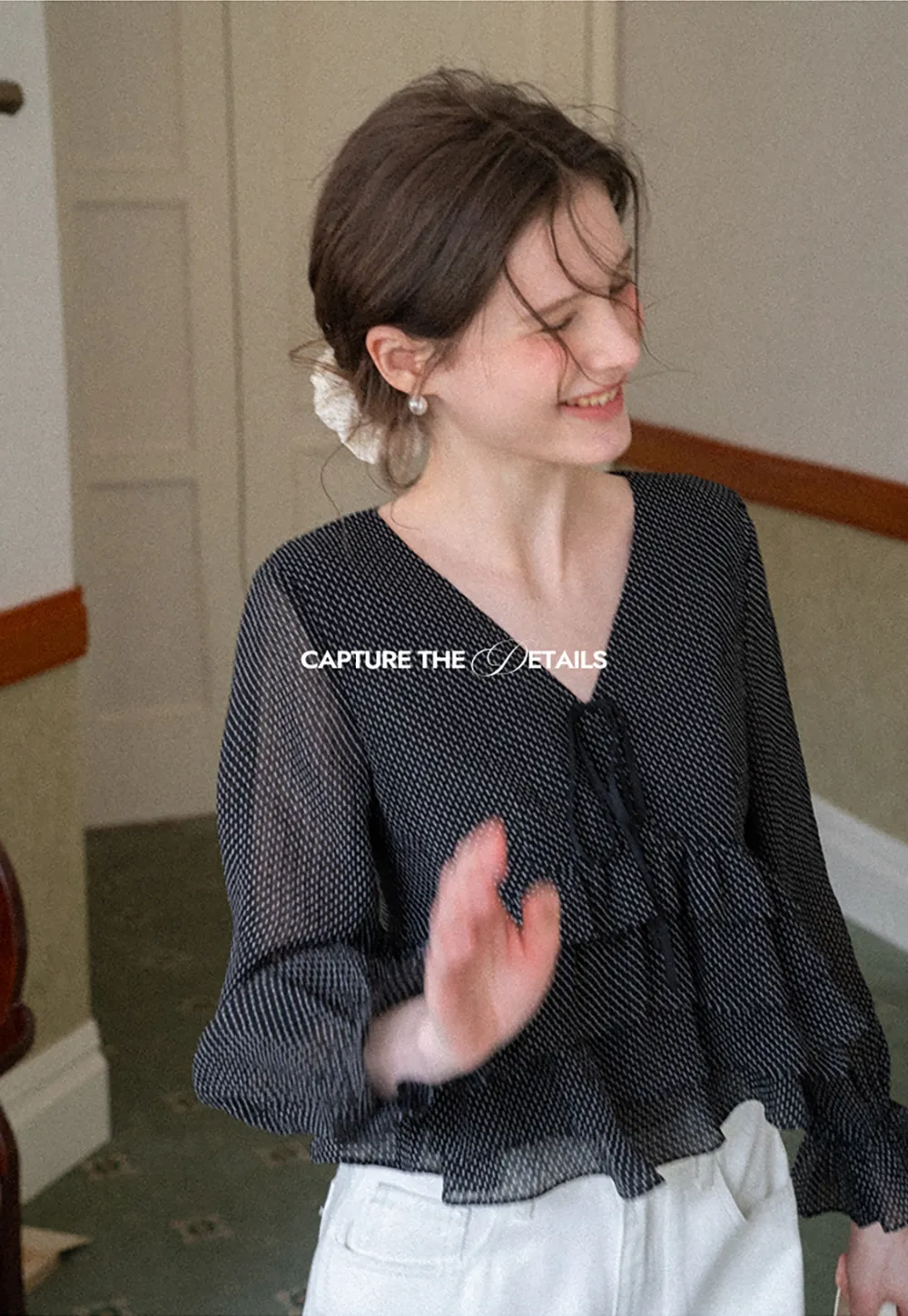 Polka Dot Sheer Blouse with Ruffled Hem and Tie Neck