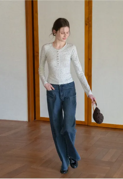 Long sleeve button front top with floral print