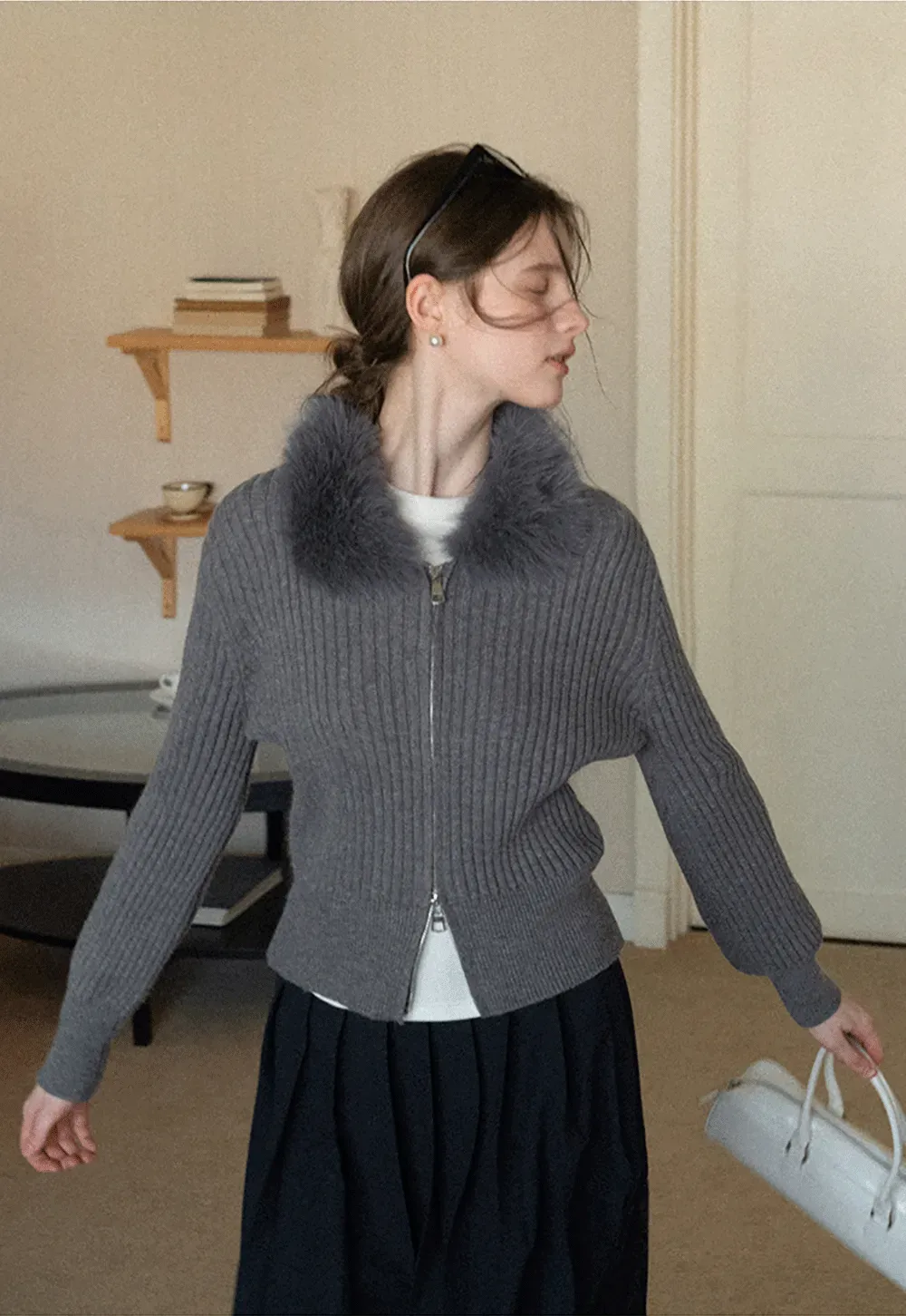 Ribbed knit sweater with fur collar detail