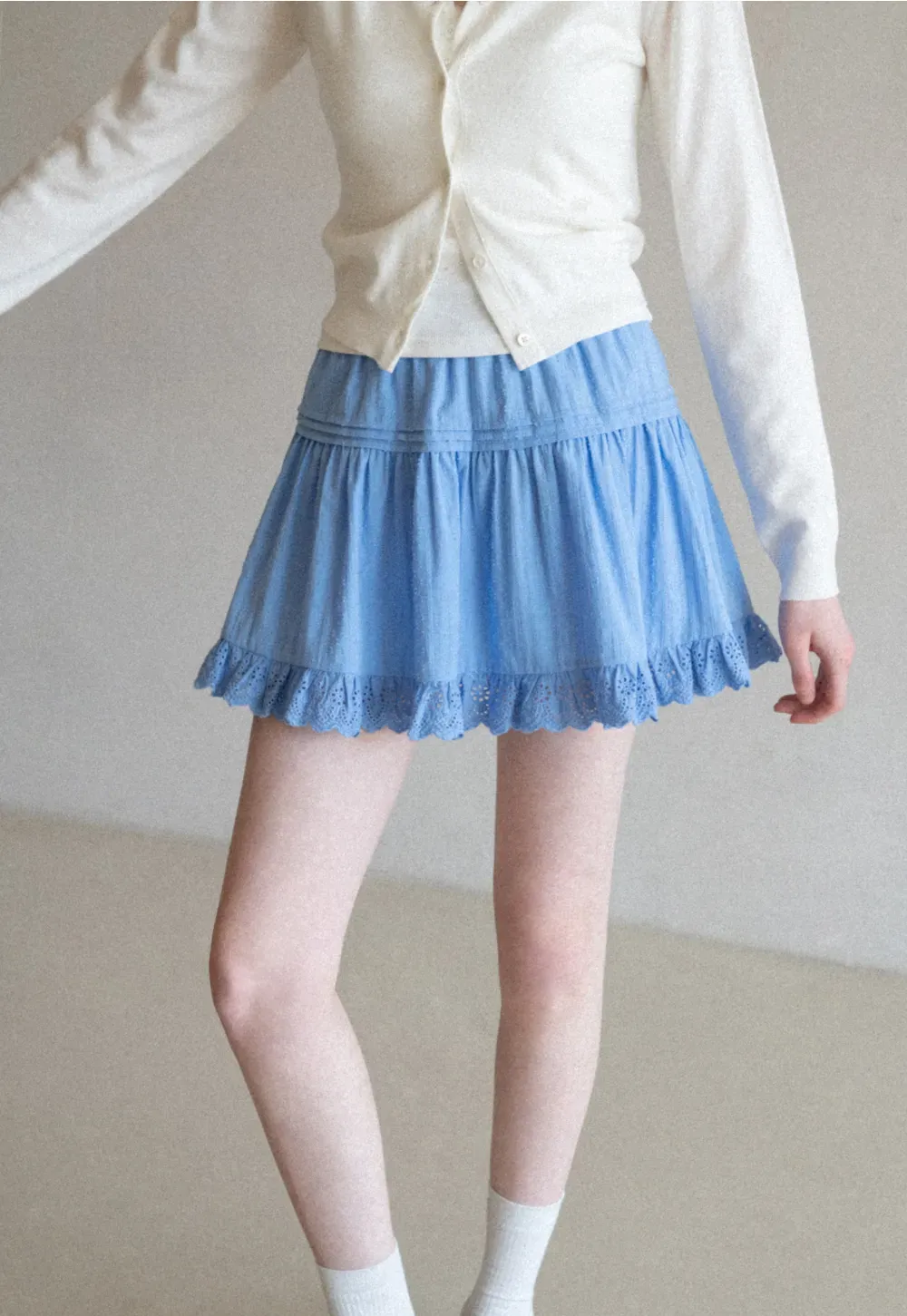 Eyelet Trimmed Tiered Skirt with Ruffled Hem