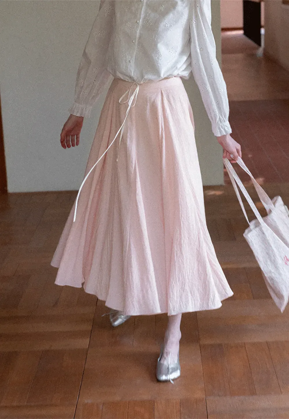 Flowy Pleated Midi Skirt with Drawstring Waist