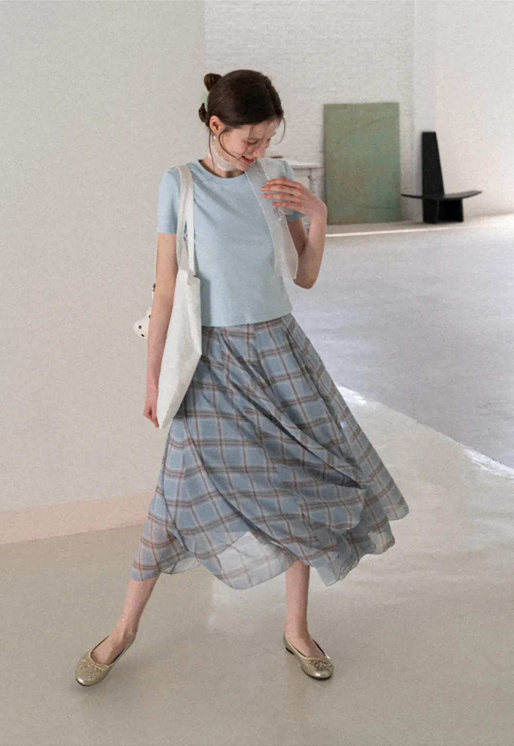 Pleated Plaid Midi Skirt with Asymmetrical Hem